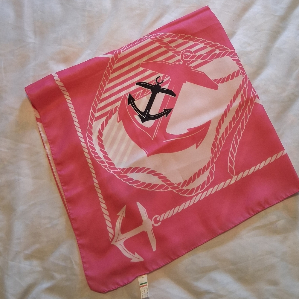 Nautical Anchor Print Scarf Pink Square Made In Italy Beach Coastal Summer